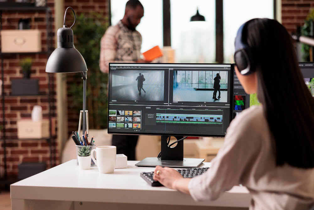 FX Productions Canada A person wearing headphones edits a video for FX Productions Canada at a desk, while another stands in the background holding a book—capturing the creative energy of this Toronto Video Production team. Toronto Video Production Company