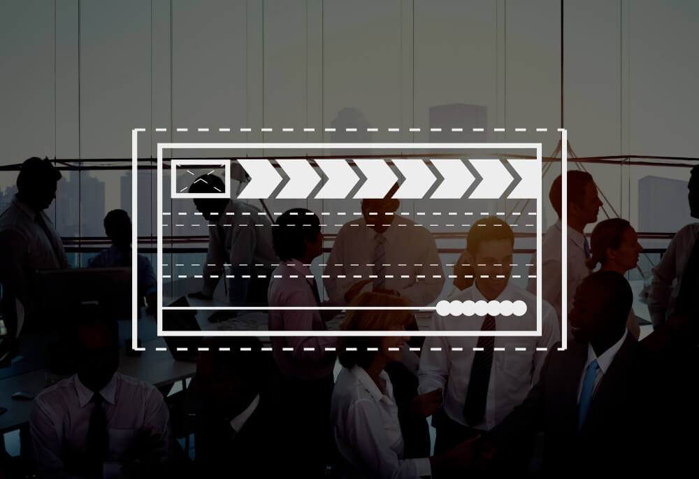 FX Productions Canada Silhouetted business people in an office with a white progress bar graphic overlayed in the foreground, showcasing the innovation of Toronto Video Production by FX Productions Canada. Toronto Video Production Company