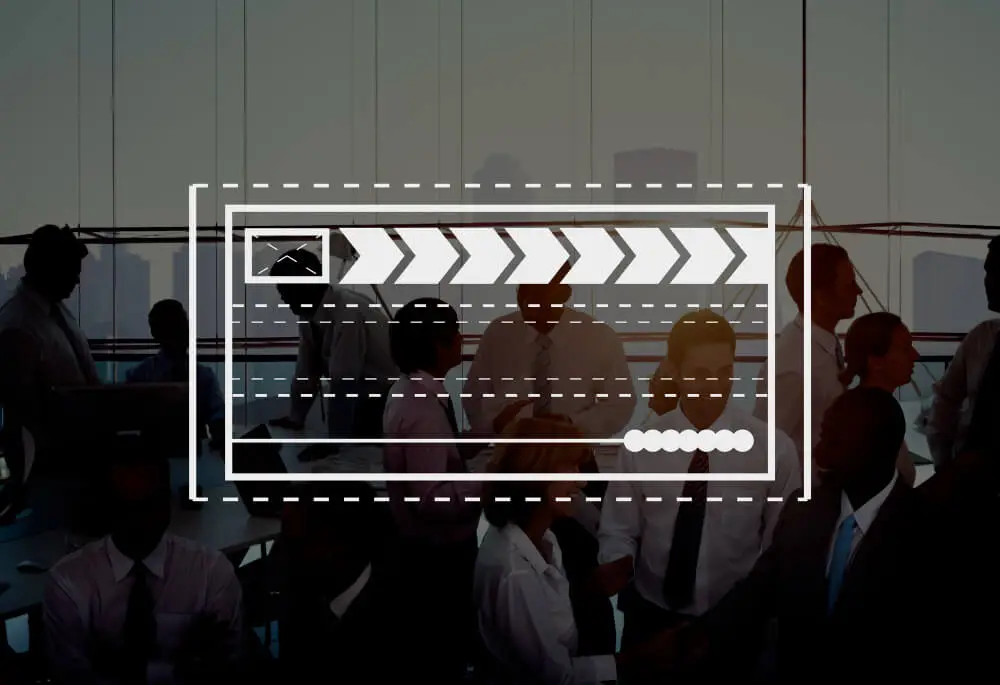 FX Productions Canada Silhouetted business people in an office with a white progress bar graphic overlayed in the foreground, showcasing the innovation of Toronto Video Production by FX Productions Canada. Toronto Video Production Company