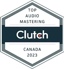 FX Productions Canada Hexagonal badge with the text: "Top Audio Mastering, FX Productions Canada, Clutch, Canada 2023" on a white and dark blue background. Toronto Video Production Company
