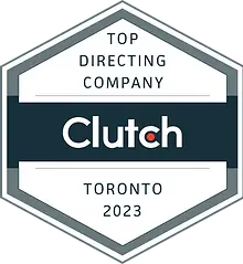 FX Productions Canada Hexagonal badge with the text: "Top Directing Company Clutch Toronto 2023" on a white and dark blue background, highlighting FX Productions Canada as a leading Toronto Video Production company. Toronto Video Production Company
