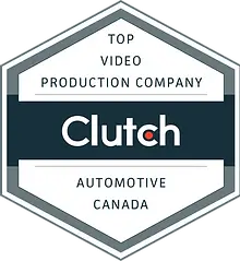 FX Productions Canada A hexagonal badge reads "Top Video Production Company Clutch Automotive Canada," with a dark band featuring the Clutch logo at the center, showcasing FX Productions Canada as a leading Toronto Video Production expert. Toronto Video Production Company