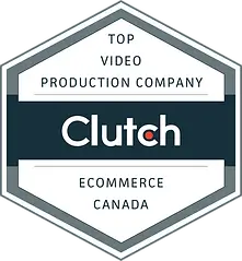 FX Productions Canada Hexagonal badge with the text "Top Video Production Company, Clutch, Ecommerce, Canada" written inside on a dark and light gray background, highlighting leading Toronto Video Production services. Toronto Video Production Company