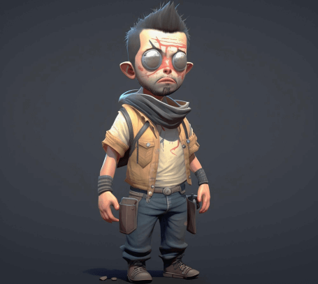 FX Productions Canada 3D-rendered cartoon character with spiked hair, goggles, facial scars, a vest, scarf, and wristbands—created by FX Productions Canada—stands on a plain background. Toronto Video Production Company