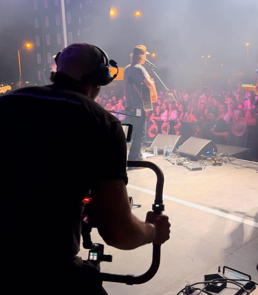 FX Productions Canada A cameraman from a Toronto video production company films a musician performing with a guitar on stage in front of a crowd during a nighttime concert. Toronto Video Production Company