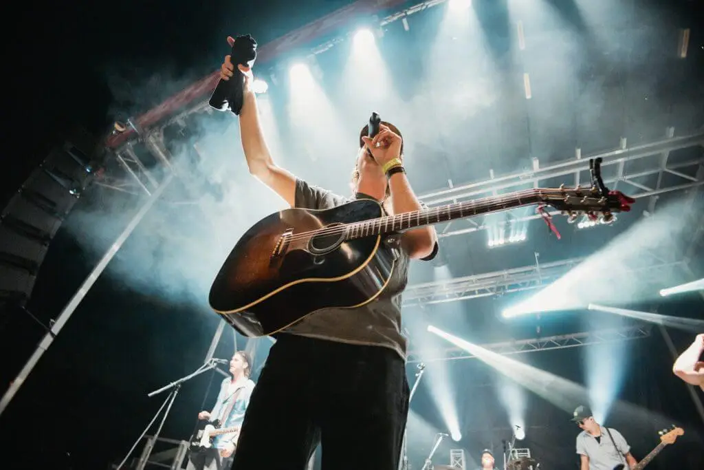 FX Productions Canada A musician with a guitar performs on stage, holding a microphone and an object in the air, with band members and stage lights in the background—captured by FX Productions Canada, a leading Toronto video production company. Toronto Video Production Company