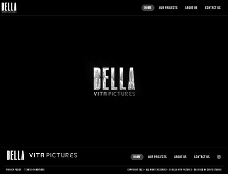 FX Productions Canada The homepage of Bella Vita Pictures' website displays their logo in the center with navigation links for Home, Our Projects, About Us, and Contact Us on a black background, highlighting their expertise as a Toronto Production Company. Toronto Video Production Company