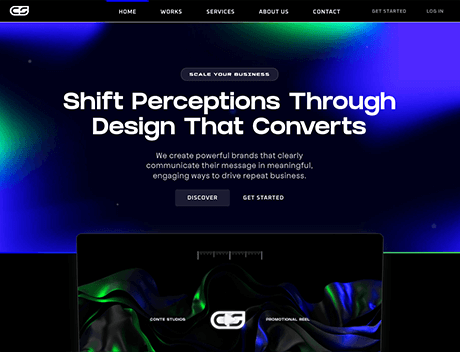 FX Productions Canada A website homepage with a dark theme displays the headline "Shift Perceptions Through Design That Converts" and navigation links for Home, Works, Services, About Us, and Contact—perfect for a Toronto production company like FX Productions Canada. Toronto Video Production Company