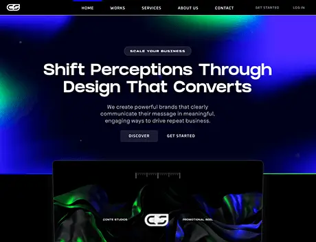 FX Productions Canada A website homepage with a dark theme displays the headline "Shift Perceptions Through Design That Converts" and navigation links for Home, Works, Services, About Us, and Contact—perfect for a Toronto production company like FX Productions Canada. Toronto Video Production Company