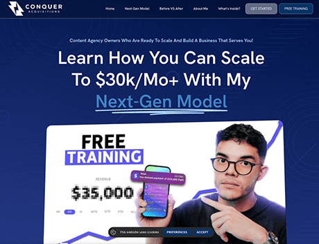 FX Productions Canada Man wearing glasses points at a phone and revenue chart on a website promoting free training by FX Productions Canada to scale agency revenue to $30k/month with a next-gen business model. Perfect for those in Video Production or looking for a Toronto Production Company. Toronto Video Production Company