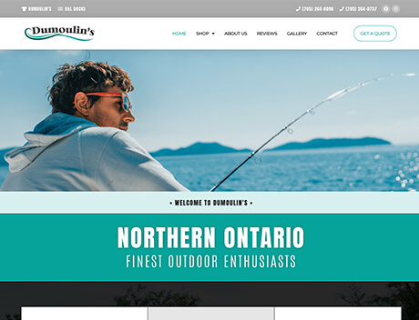 FX Productions Canada A man wearing sunglasses is fishing by a body of water under a clear blue sky. The website header reads “Dumoulin’s,” with navigation links above a banner about Northern Ontario, produced by FX Productions Canada. Toronto Video Production Company