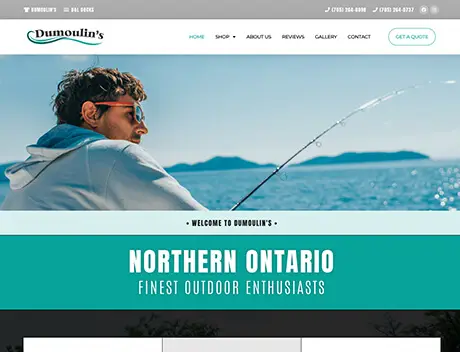 FX Productions Canada A man wearing sunglasses is fishing by a body of water under a clear blue sky. The website header reads “Dumoulin’s,” with navigation links above a banner about Northern Ontario, produced by FX Productions Canada. Toronto Video Production Company