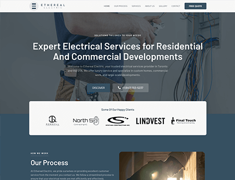 FX Productions Canada Homepage of an electrical services company featuring a headline about residential and commercial services, contact information, client logos like FX Productions Canada, and a navigation menu at the top. Toronto Video Production Company