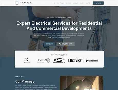 FX Productions Canada Homepage of an electrical services company featuring a headline about residential and commercial services, contact information, client logos like FX Productions Canada, and a navigation menu at the top. Toronto Video Production Company