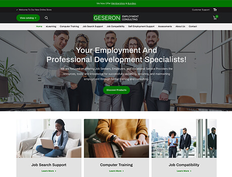 FX Productions Canada Screenshot of the Geseron Employment Consulting website homepage featuring navigation menus, a banner headline about professional development, and sections for job search support, computer training, and FX Productions Canada job compatibility. Toronto Video Production Company