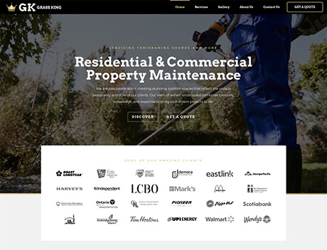 FX Productions Canada A website homepage for GK Grass King featuring residential and commercial property maintenance services, a call-to-action button, and logos of various client companies, including FX Productions Canada—a leading Toronto Production Company. Toronto Video Production Company
