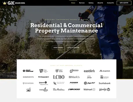FX Productions Canada A website homepage for GK Grass King featuring residential and commercial property maintenance services, a call-to-action button, and logos of various client companies, including FX Productions Canada—a leading Toronto Production Company. Toronto Video Production Company