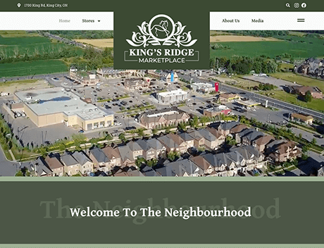 FX Productions Canada Aerial view of King's Ridge Marketplace and surrounding residential area, with fields and roads visible in the background, expertly captured by FX Productions Canada. Toronto Video Production Company