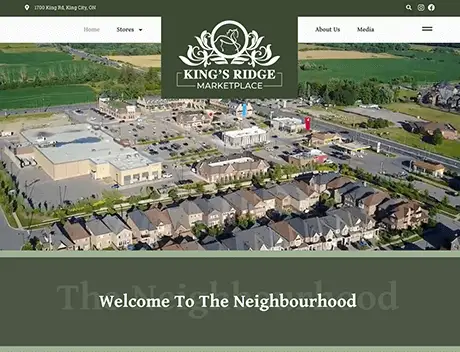 FX Productions Canada Aerial view of King's Ridge Marketplace and surrounding residential area, with fields and roads visible in the background, expertly captured by FX Productions Canada. Toronto Video Production Company
