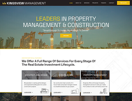 FX Productions Canada Website homepage for Kingsview Management featuring a city skyline with cranes, navigation bar, and service categories in property management, construction, and collaborations with Toronto Production Company for video production. Toronto Video Production Company
