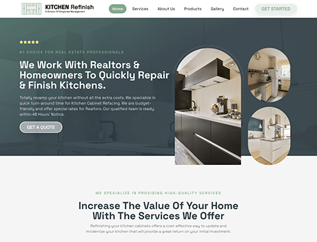 FX Productions Canada Website homepage for a kitchen refinishing service featuring modern kitchen images, a headline about working with realtors and homeowners, plus quote and get started buttons—crafted with the style of an FX Productions Canada showcase. Toronto Video Production Company