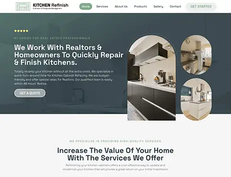 FX Productions Canada Website homepage for a kitchen refinishing service featuring modern kitchen images, a headline about working with realtors and homeowners, plus quote and get started buttons—crafted with the style of an FX Productions Canada showcase. Toronto Video Production Company