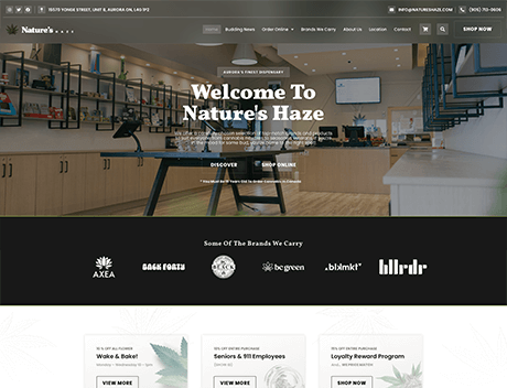 FX Productions Canada Screenshot of the Nature’s Haze website homepage, designed by a leading Toronto Production Company, showcasing a modern cannabis store interior, navigation menu, shop options, and featured brands they carry. Toronto Video Production Company