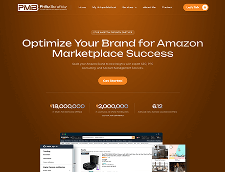 FX Productions Canada Screenshot of a business website homepage for Philip Barofsky, offering Amazon branding and account management services, with highlighted sales figures and a navigation menu—perfect inspiration for any Toronto Production Company or FX Productions Canada team. Toronto Video Production Company