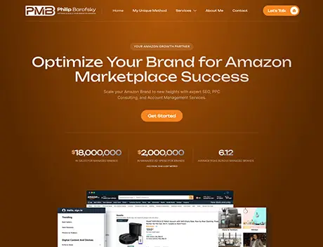 FX Productions Canada Screenshot of a business website homepage for Philip Barofsky, offering Amazon branding and account management services, with highlighted sales figures and a navigation menu—perfect inspiration for any Toronto Production Company or FX Productions Canada team. Toronto Video Production Company