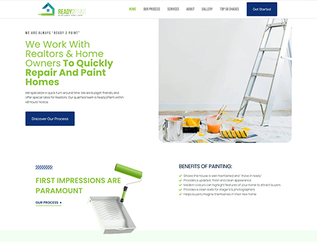 FX Productions Canada Screenshot of a painting service website featuring a ladder, paint cans, and a roller tray, with text about working with realtors and homeowners to repair and paint homes—crafted in collaboration with FX Productions Canada. Toronto Video Production Company