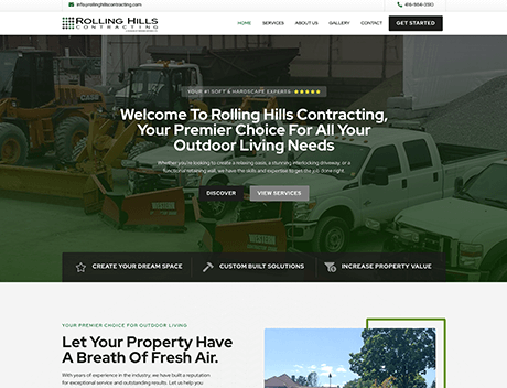 FX Productions Canada Screenshot of Rolling Hills Contracting website homepage, featuring construction equipment and text promoting outdoor living and landscaping services. Navigation menu and contact info, similar to top Toronto Production Company sites, are visible at the top. Toronto Video Production Company