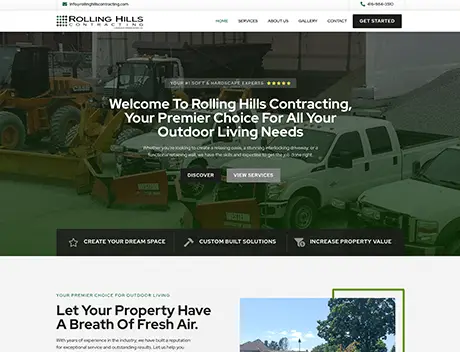 FX Productions Canada Screenshot of Rolling Hills Contracting website homepage, featuring construction equipment and text promoting outdoor living and landscaping services. Navigation menu and contact info, similar to top Toronto Production Company sites, are visible at the top. Toronto Video Production Company