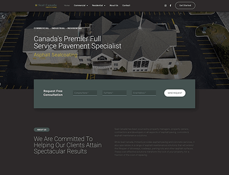 FX Productions Canada Aerial view of a commercial building featured on a website for an asphalt sealcoating and pavement specialist company, captured by FX Productions Canada, with navigation menu and inquiry form visible. Toronto Video Production Company
