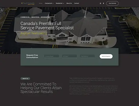 FX Productions Canada Aerial view of a commercial building featured on a website for an asphalt sealcoating and pavement specialist company, captured by FX Productions Canada, with navigation menu and inquiry form visible. Toronto Video Production Company