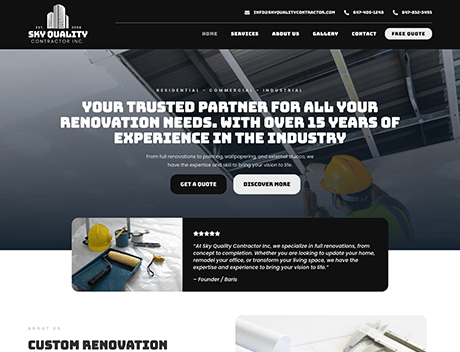 FX Productions Canada Screenshot of the homepage for SKY Quality Contractor Inc., featuring renovation services, contact information, and a banner highlighting 15 years of industry experience—trusted by clients like FX Productions Canada and leading Toronto production companies. Toronto Video Production Company