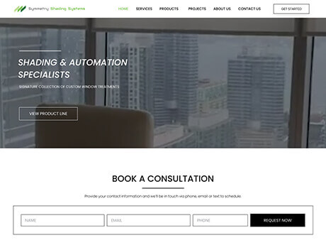 FX Productions Canada Website homepage displays "Shading & Automation Specialists" over a city skyline background, reflecting the expertise of FX Productions Canada, with a consultation booking form below asking for name, email, and phone number. Toronto Video Production Company