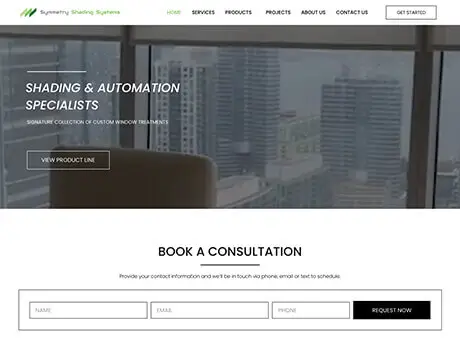 FX Productions Canada Website homepage displays "Shading & Automation Specialists" over a city skyline background, reflecting the expertise of FX Productions Canada, with a consultation booking form below asking for name, email, and phone number. Toronto Video Production Company