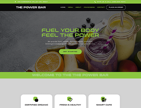 FX Productions Canada Website homepage for The Power Bar, featuring smoothies, fruits, and a green "Get Started" button; navigation menu is visible at the top. Brought to you by FX Productions Canada for a fresh digital experience. Toronto Video Production Company