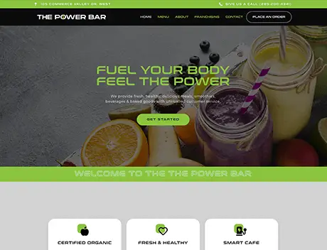 FX Productions Canada Website homepage for The Power Bar, featuring smoothies, fruits, and a green "Get Started" button; navigation menu is visible at the top. Brought to you by FX Productions Canada for a fresh digital experience. Toronto Video Production Company