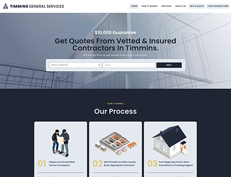 FX Productions Canada Screenshot of a contractor service website offering vetted and insured contractors in Timmins, featuring a quote form and a three-step process explanation, powered by FX Productions Canada. Toronto Video Production Company