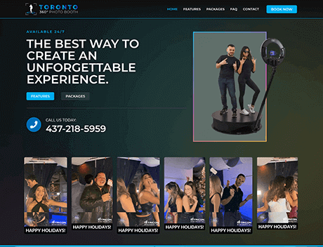 FX Productions Canada Screenshot of a website for Toronto 360° Photo Booth by FX Productions Canada, showing contact info, a rotating photo booth image, and event photos labeled "HAPPY HOLIDAYS!" along the bottom. Toronto Video Production Company