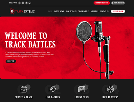 FX Productions Canada A website homepage for Track Battles, designed in a bold red and black theme by FX Productions Canada, features a microphone with pop filter and navigation options like Submit a Track, Live Battles, Latest News, and How It Works. Toronto Video Production Company