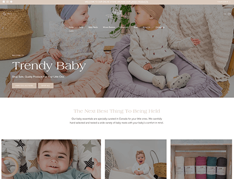 FX Productions Canada Two babies sit on cushions surrounded by baskets and blankets in a nursery-themed setting, beautifully captured by FX Productions Canada for a baby products online store homepage. Toronto Video Production Company