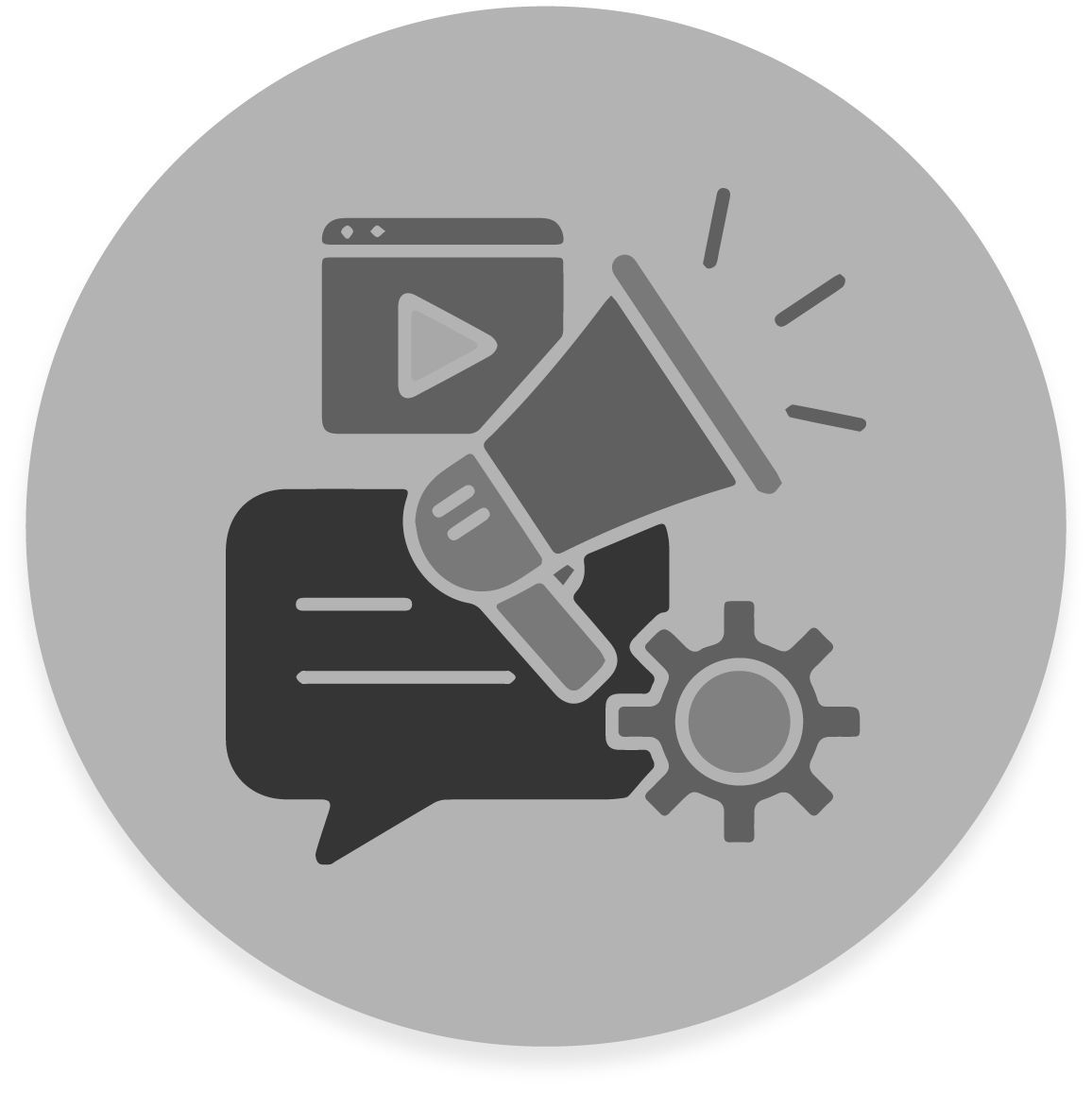 FX Productions Canada A grayscale icon shows a megaphone, speech bubble, video play button, and gear, symbolizing communication and media—perfect for a Toronto Production Company like FX Productions Canada. Toronto Video Production Company