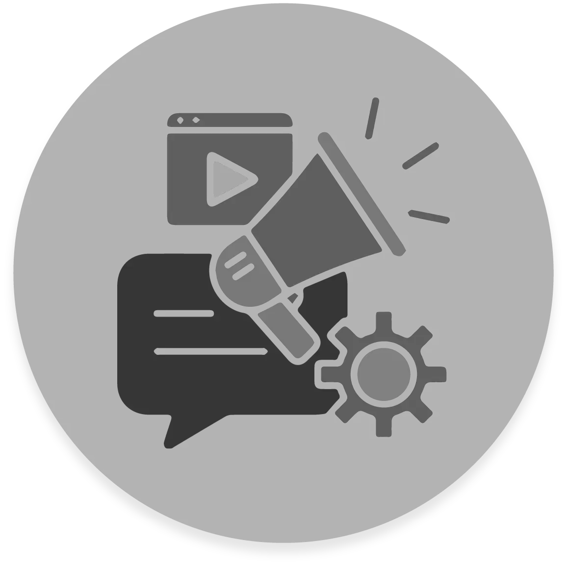 FX Productions Canada A grayscale icon shows a megaphone, speech bubble, video play button, and gear, symbolizing communication and media—perfect for a Toronto Production Company like FX Productions Canada. Toronto Video Production Company