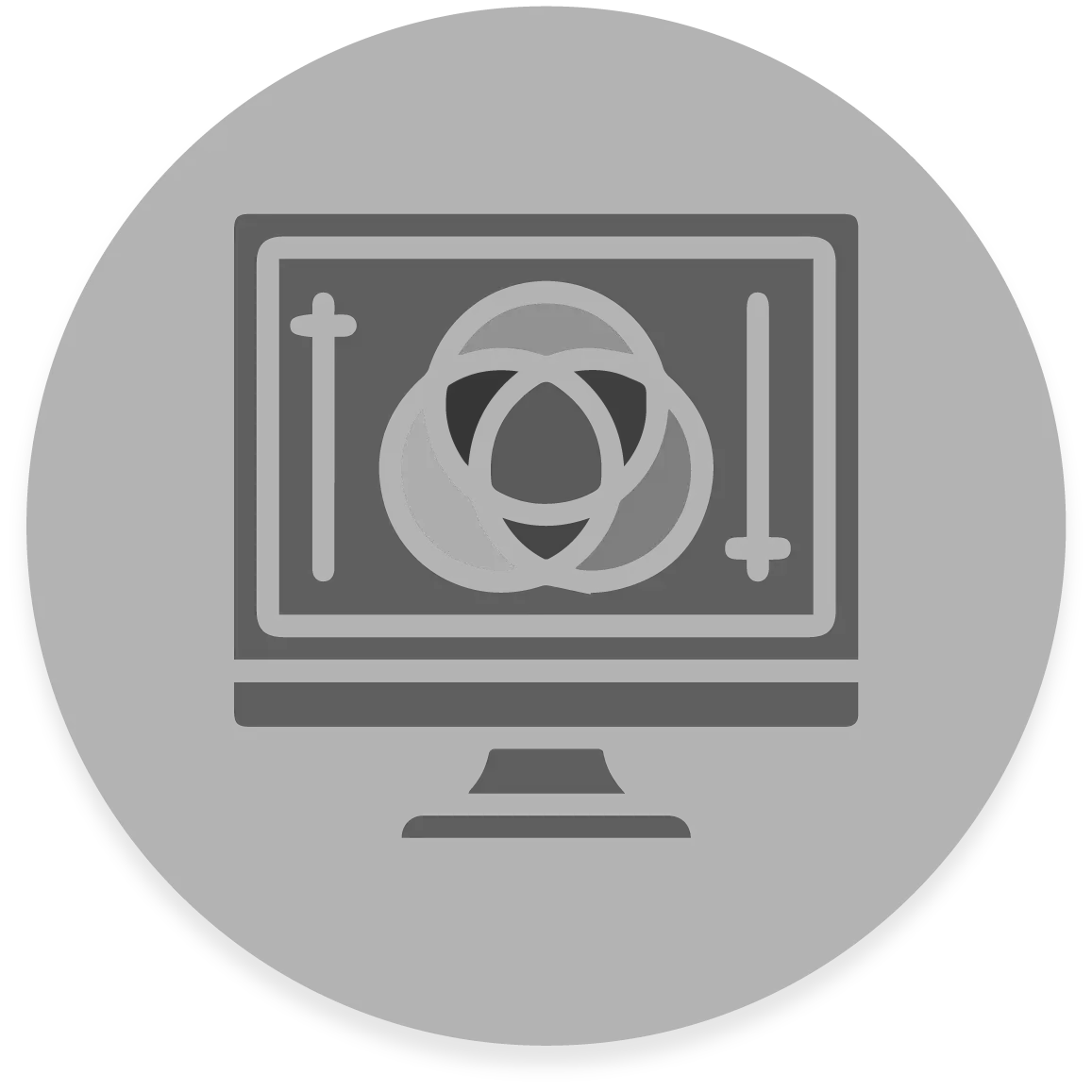 FX Productions Canada Icon of a computer monitor displaying overlapping circles with sliders on each side, representing graphic design or editing software from a leading Toronto Production Company. Toronto Video Production Company