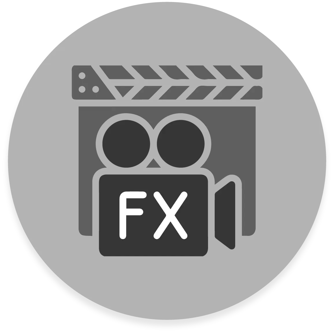 FX Productions Canada A grayscale icon of a movie camera and clapperboard, with "FX" on the camera, representing film special effects by FX Productions Canada. Toronto Video Production Company