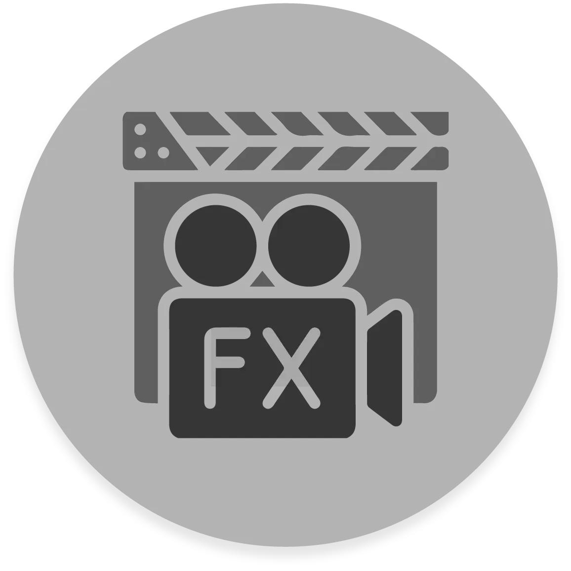 FX Productions Canada A grayscale icon of a clapperboard and film camera with the letters "FX" on the camera, all within a dark circular background, representing FX Productions Canada. Toronto Video Production Company