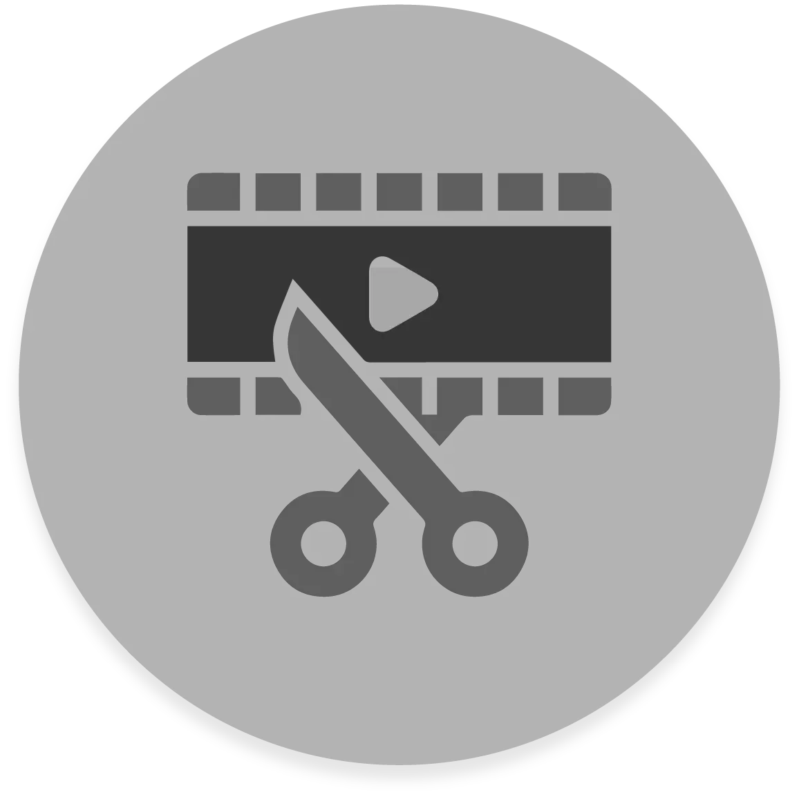 FX Productions Canada Gray circular icon featuring a film strip with a play button and scissors, representing video editing or trimming. Ideal for Toronto Production Company or FX Productions Canada specializing in media content creation. Toronto Video Production Company