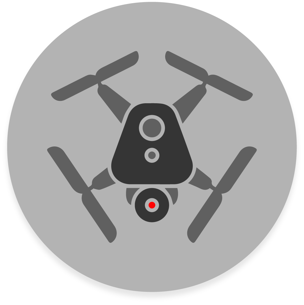 FX Productions Canada A simple, flat design illustration of a quadcopter drone with a central camera, shown from above on a dark circular background, perfect for representing FX Productions Canada or any leading Toronto Production Company. Toronto Video Production Company